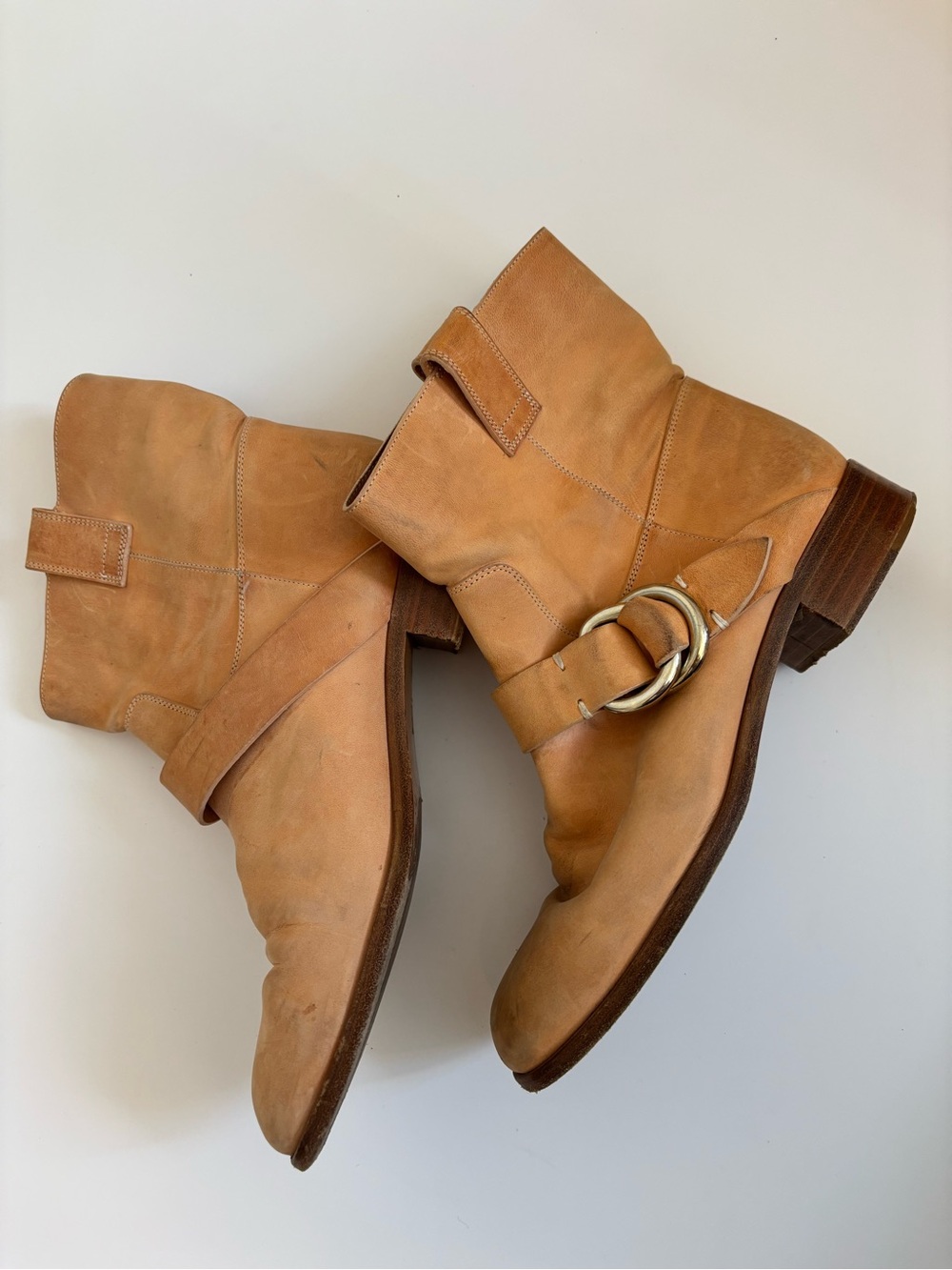 Frye Tan Leather ankle Harness Boots with Side Buckle